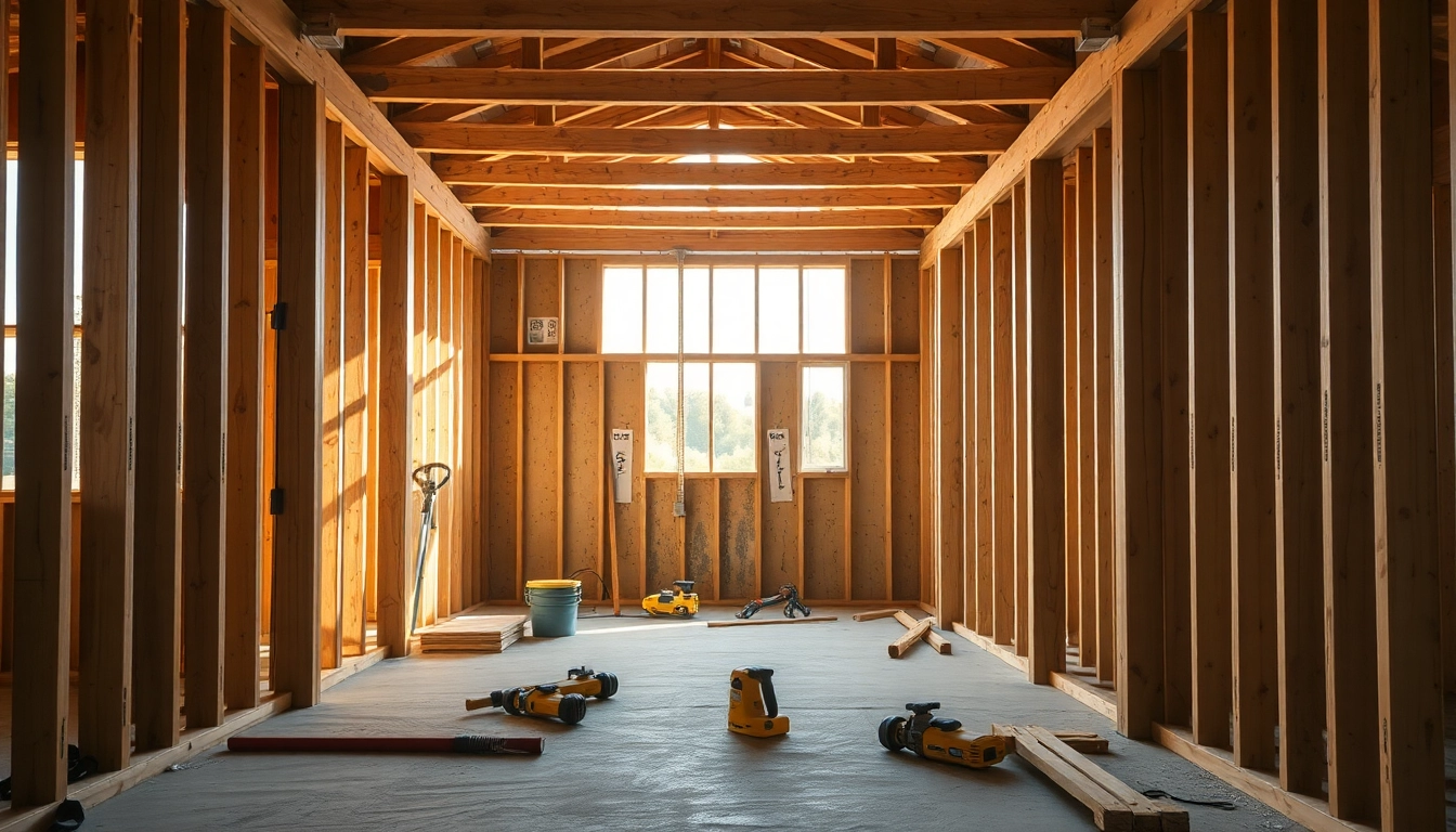 High-quality framing process in construction showing timber and workers assembling structural walls for a building.