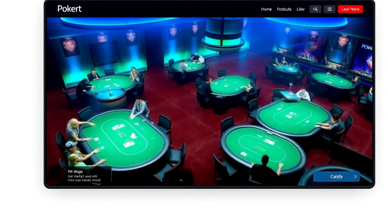 Pokerbros clubs featuring bustling online poker tables with diverse players and vibrant interface, inviting users to join the action.