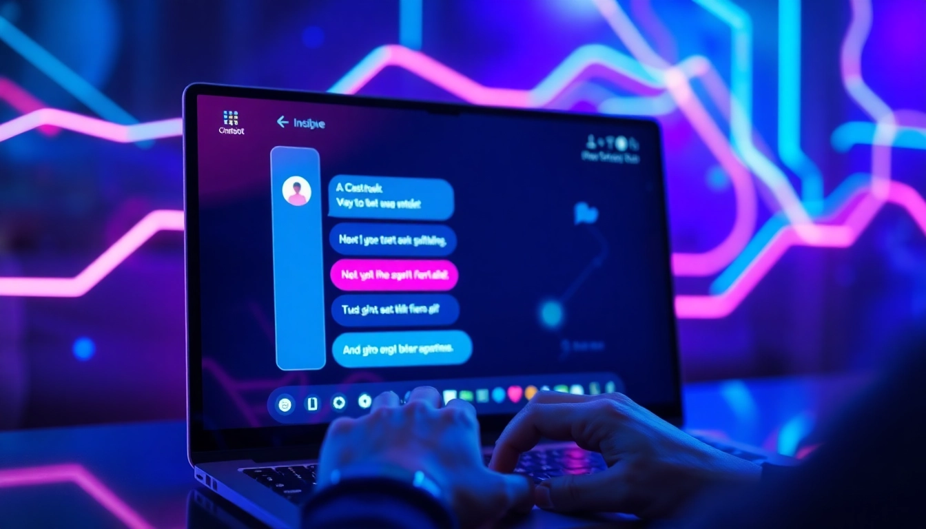 A futuristic digital chat interface with neon accents and a user typing on a keyboard.