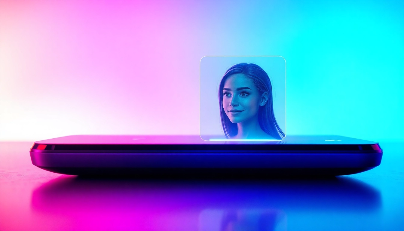 Futuristic digital chat interface with an AI character hologram on a sleek device, neon lights, and cyberpunk style.