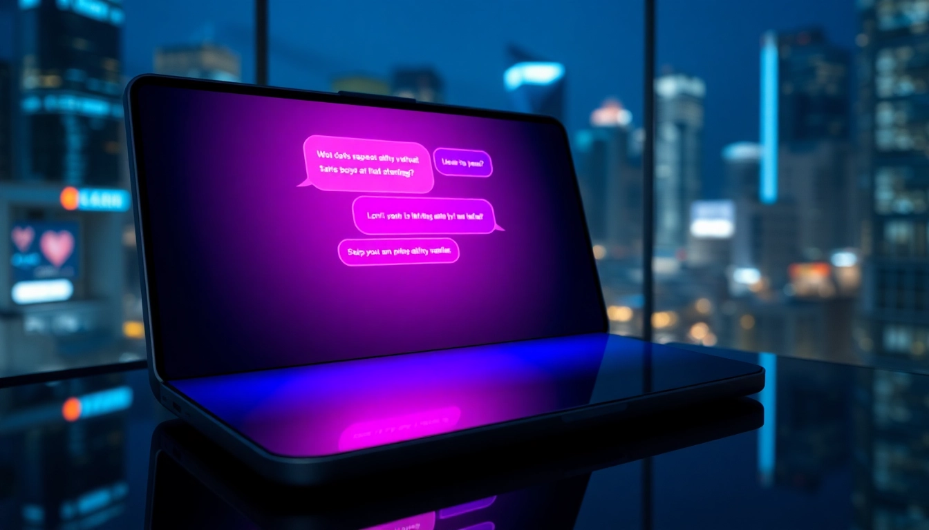 Futuristic chat interface with vibrant speech bubbles reflecting a spicy, flirtatious conversation on a sleek device at night.