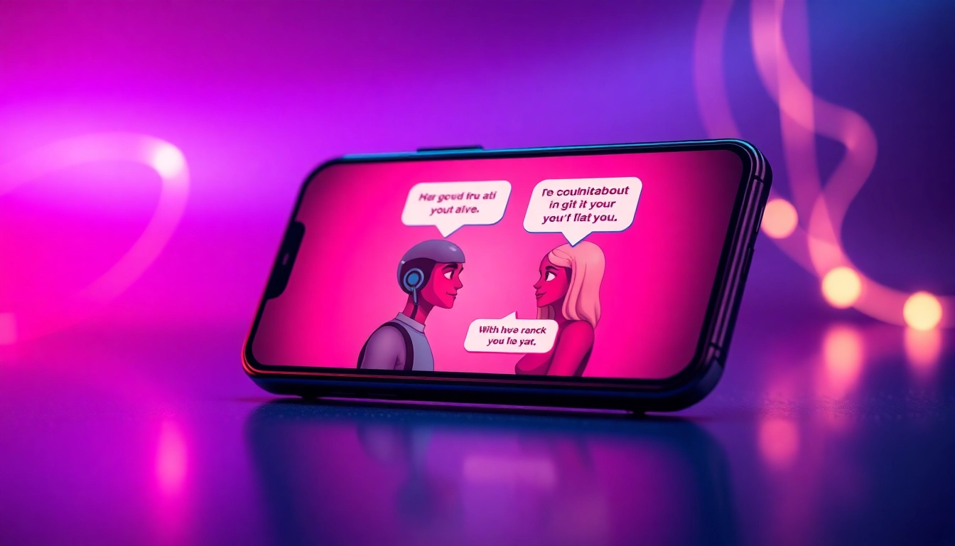 Close-up of a smartphone screen featuring animated AI characters in a flirtatious chat with warm glow effects.