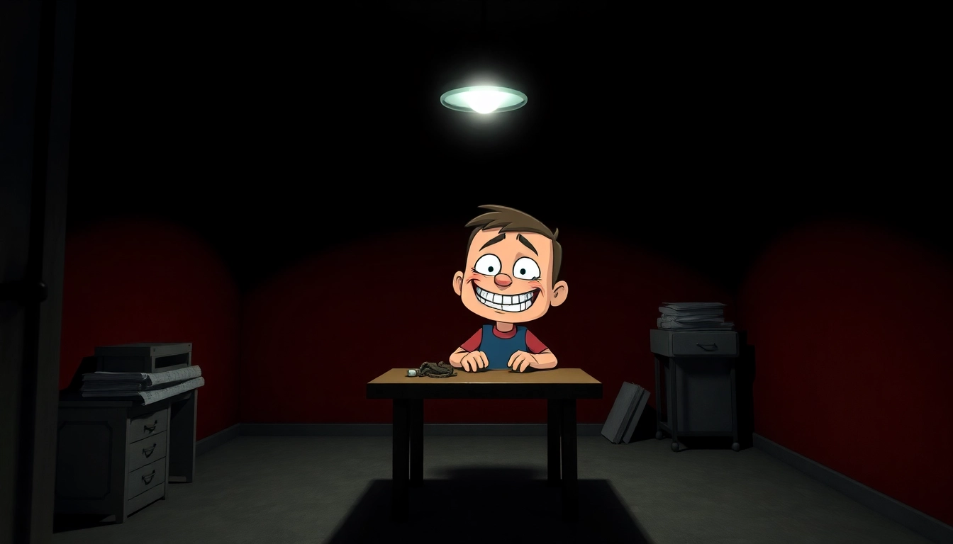 A disturbing image of Harvey, a cheerful character, in a dark room with shadows, showing signs of distress and suffering.