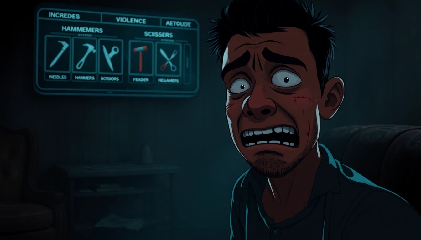 A distressed character suffering as a cheerful figure is being harmed in a dark, gritty room.