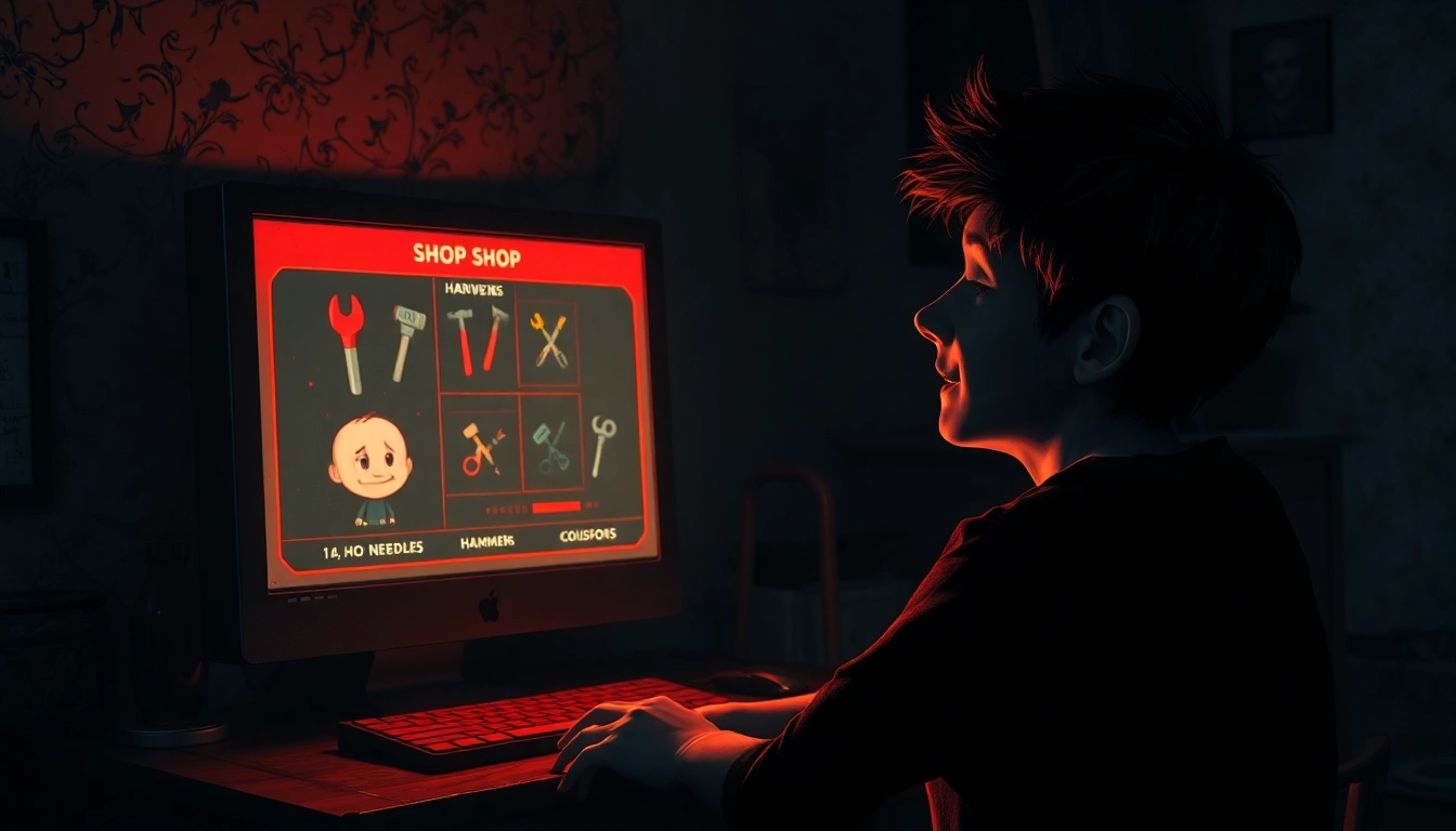 An unsettling image of a computer screen showing Harvey, a cheerful character, in distress as violent tools appear in the game shop, with a dark, gritty room in the background.