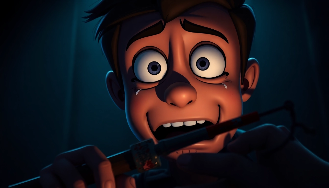 A distressed cartoon character, Harvey, in a dark, creepy setting, holding a bloody tool with tears and fear on his face.