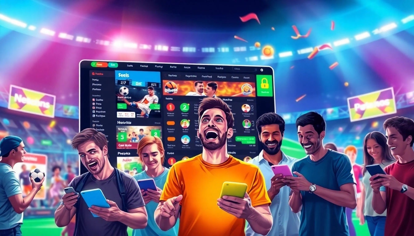 Digital illustration of an energetic online sportsbook and casino platform with players and sports icons.