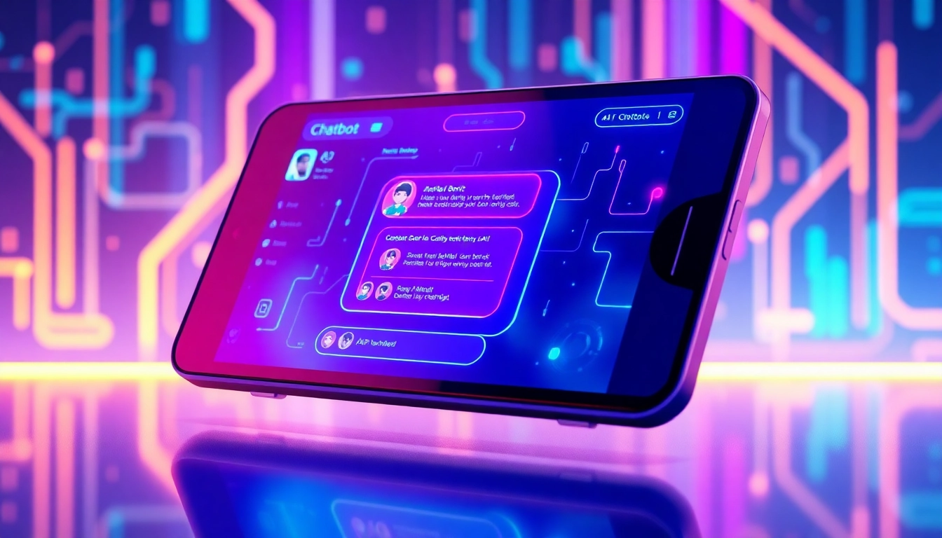 Futuristic chatbot interface on a modern device with colorful AI avatars and cyber-inspired background