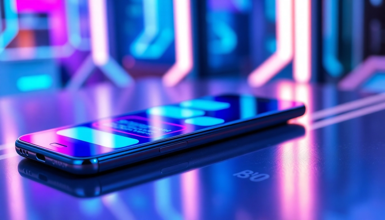 Futuristic smartphone displaying a vibrant chat interface with neon accents and digital patterns.