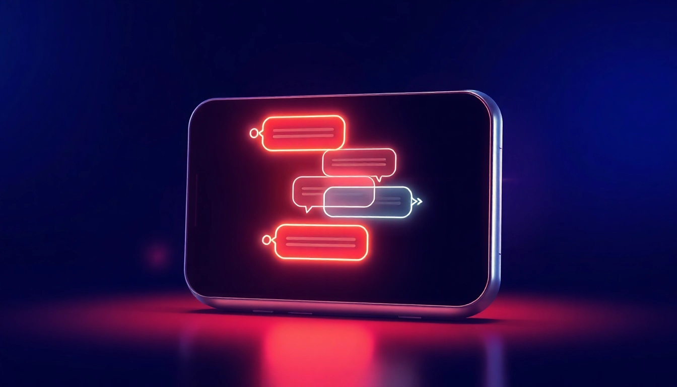 An illustration of a smartphone displaying a chatbot interface with neon speech bubbles, set against a dark gradient background with digital data streams.