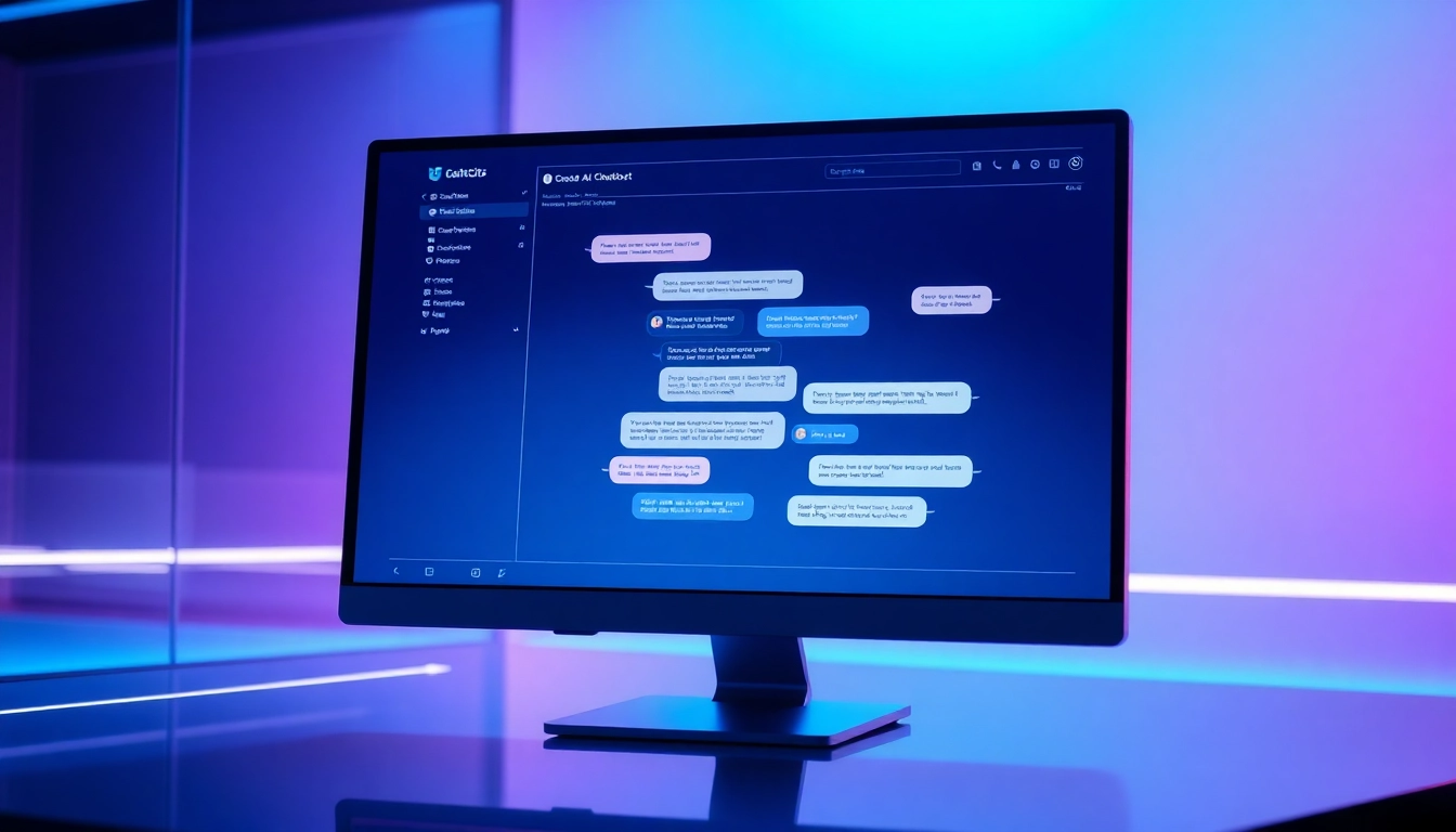 Modern digital interface showing a chatbot platform with colorful chat bubbles on a sleek monitor