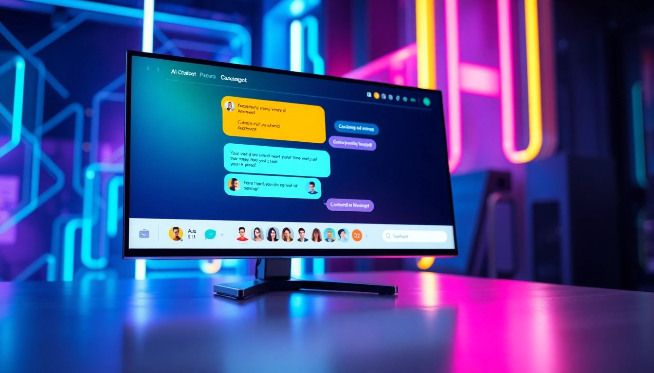 Futuristic digital chat interface on a sleek screen showcasing AI conversation features with vibrant colors and neon lighting.