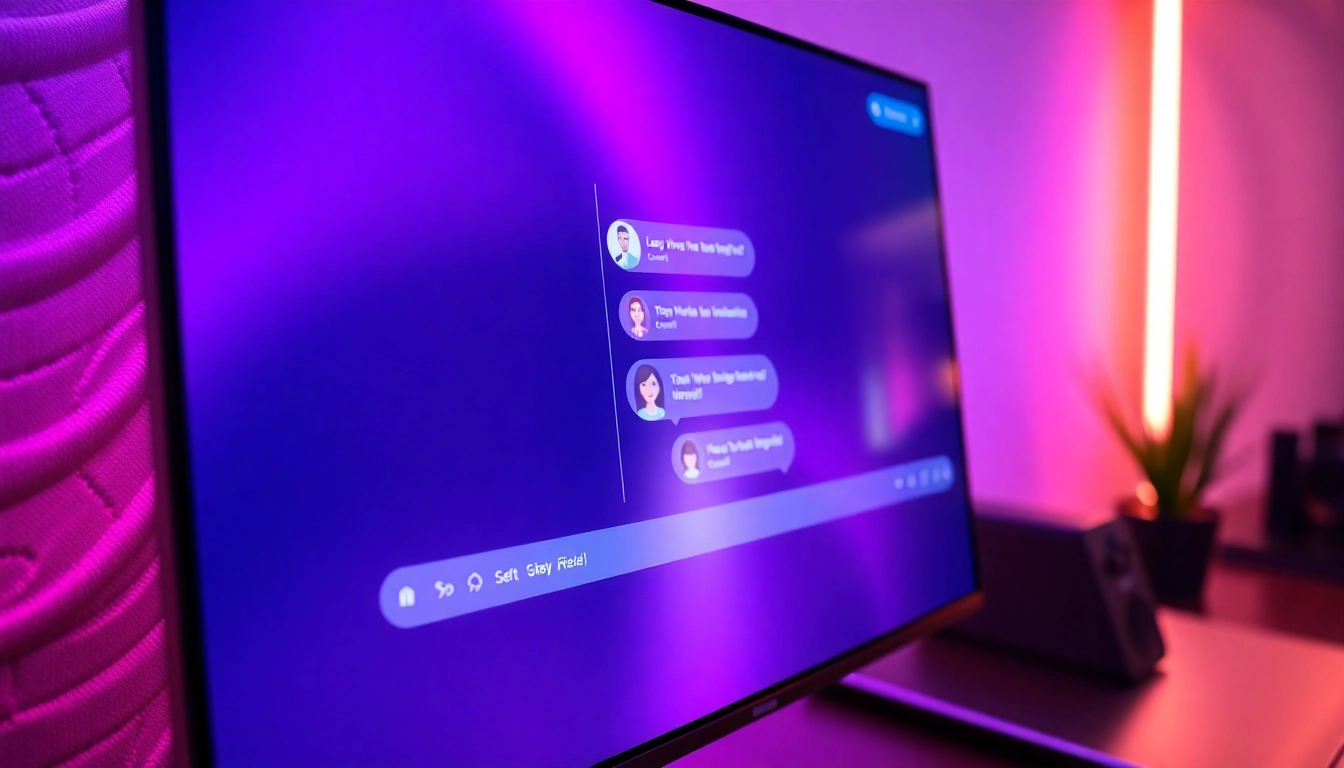 Futuristic digital chat interface with AI characters in a vibrant, neon-lit environment.