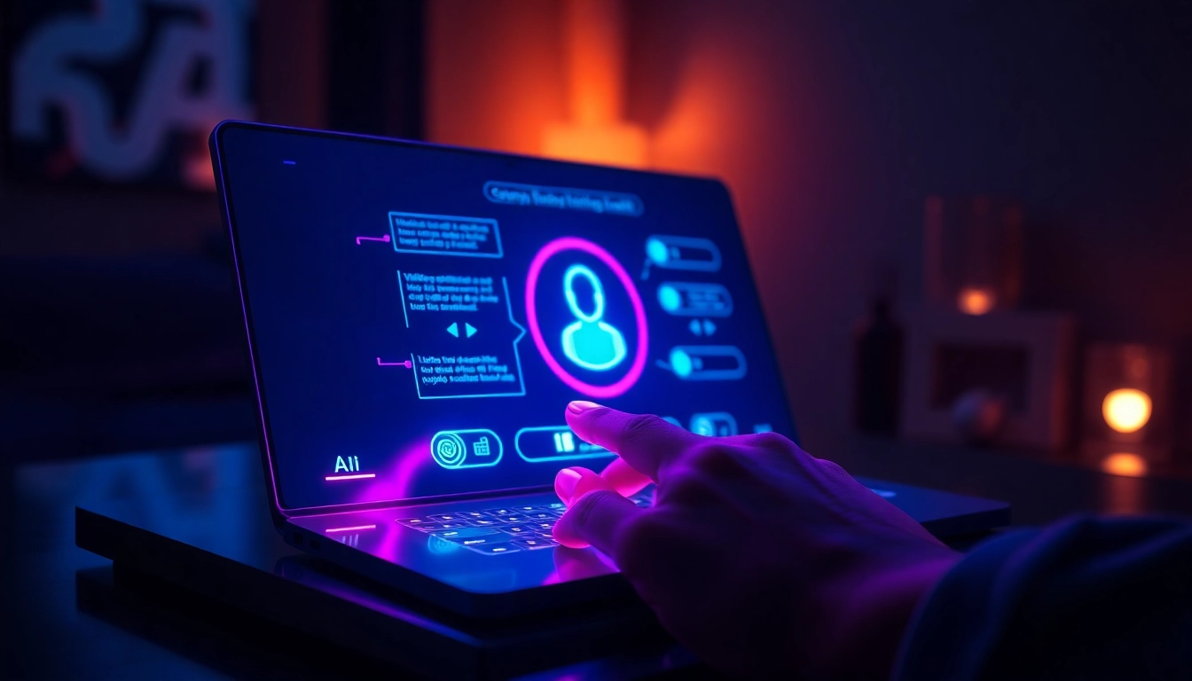 Futuristic chatbot interface on a glowing screen with vibrant neon colors and ambient lighting.