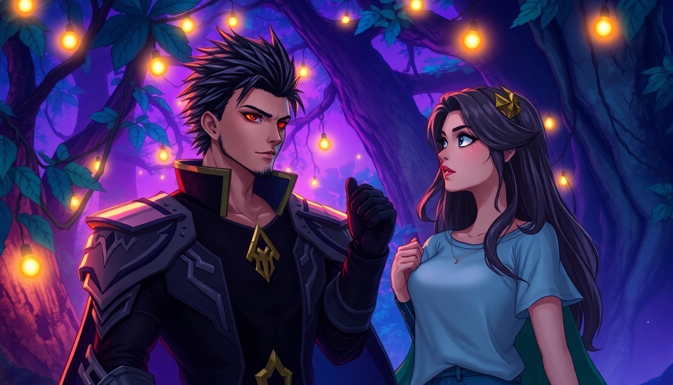 Illustration of two fantasy characters, an alpha and a beta, in a mystical forest at twilight, engaged in conversation with vibrant colors and detailed textures.