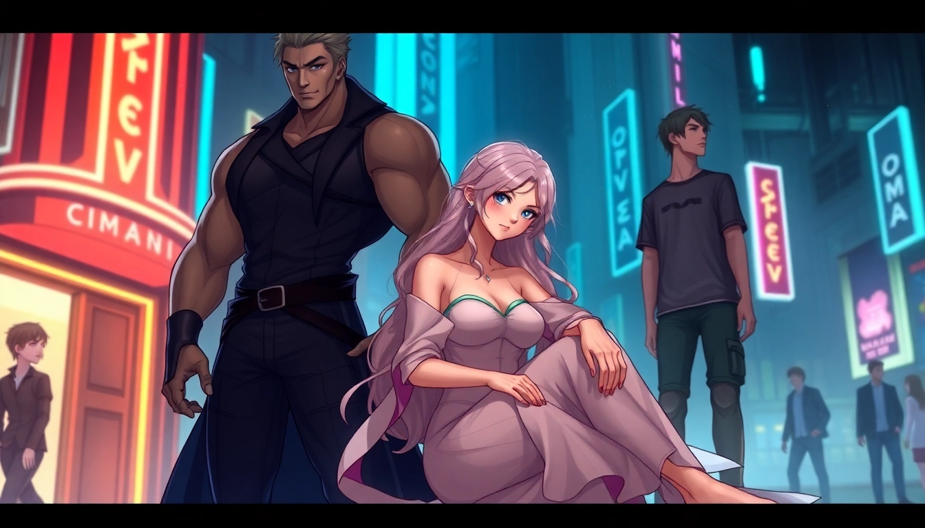 Illustration of alpha, beta, and omega characters in a futuristic cityscape, highlighting their roles and relationships.