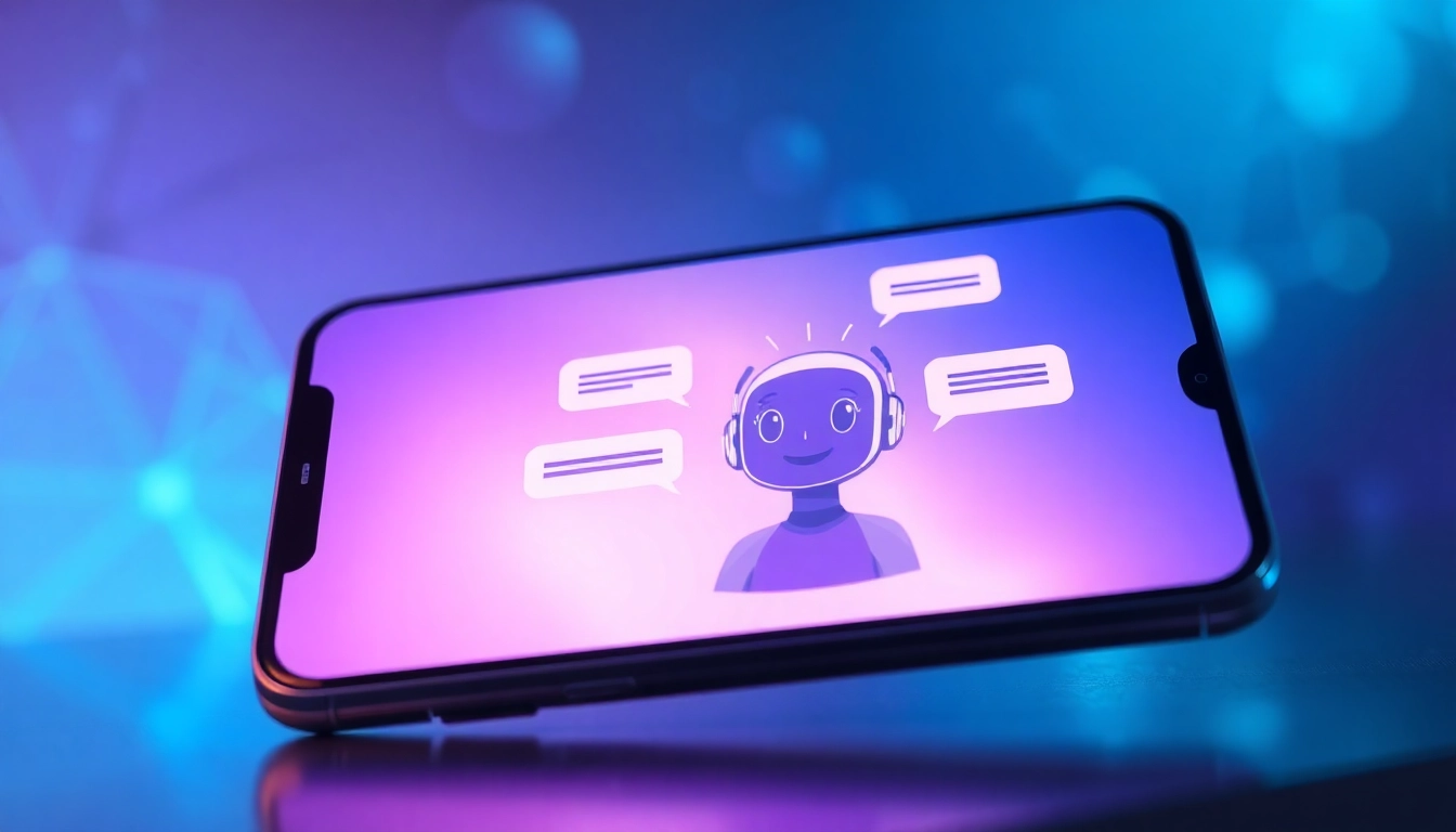 Futuristic AI chat interface on a modern device screen with a friendly AI character and glowing text bubbles