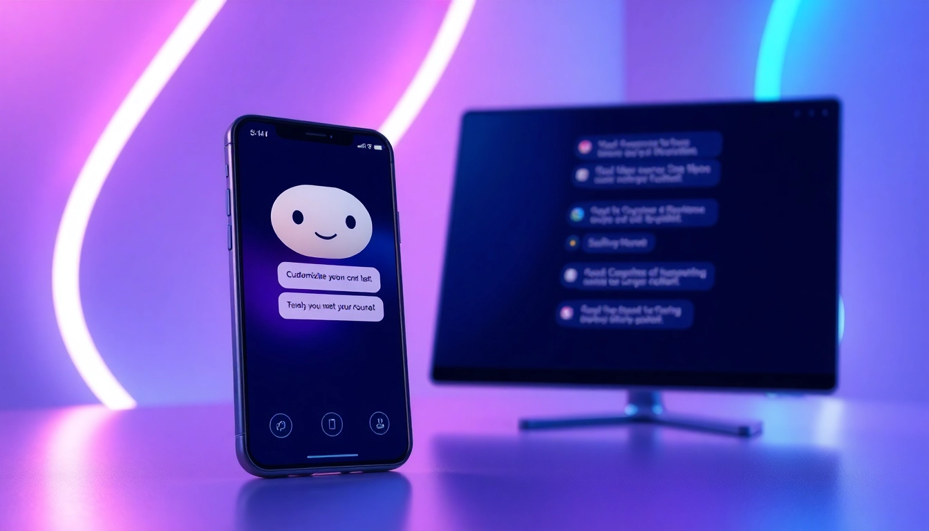 A modern AI chatbot interface on a smartphone and desktop with a friendly character and glowing chat bubbles.