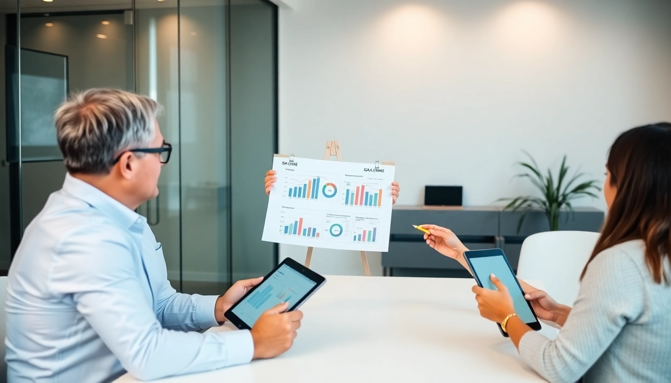 Financial advisor reviewing an ISA Guide with a client using charts and digital devices,